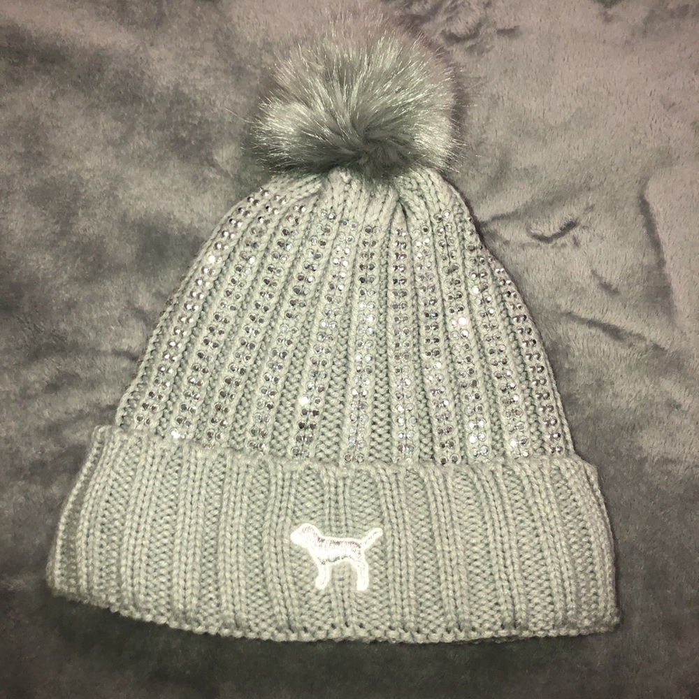 PINK grey rhinestone beanie 😍